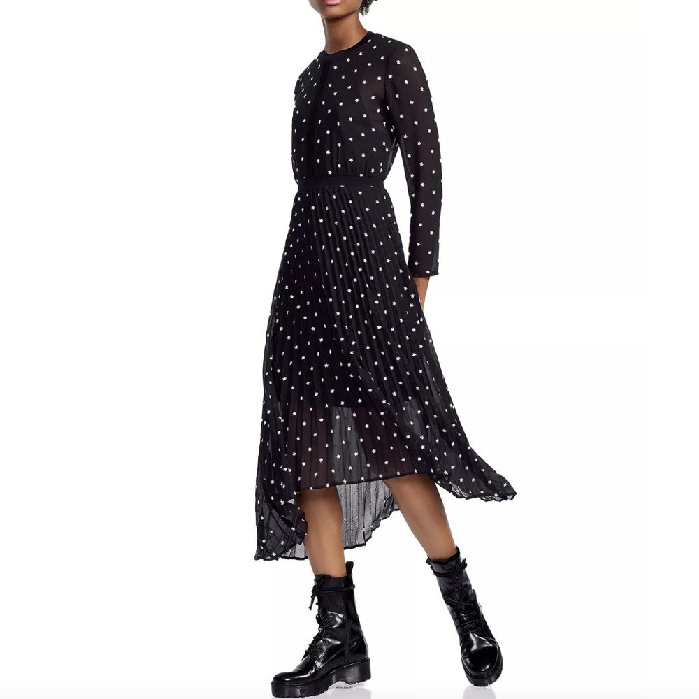 Maje Rivoli Micro-floral Embroidered Midi Dress (Black, Size 1)